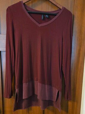 Cynthia Rowley Long Sleeve Tee High Low Sheer layer Burgundy